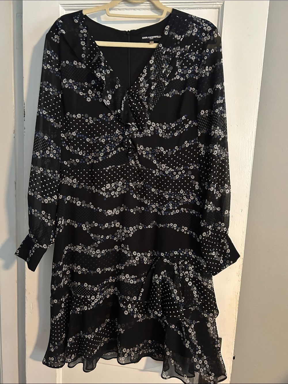 Karl Lagerfeld Black Floral Ruffle Long Sleeve Dress